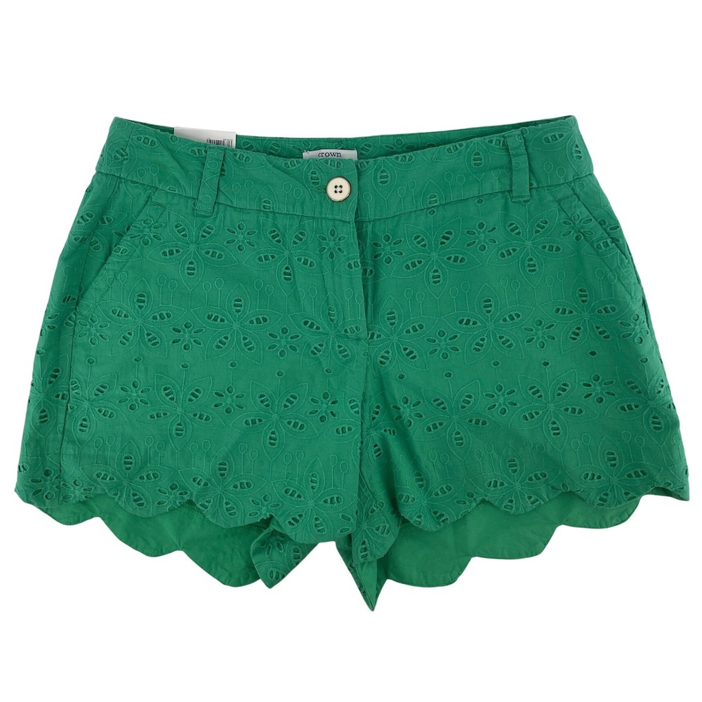 Crown & Ivy Scallop Shorts Womens 6P Green Cottagecore Garden Coastal Cotton NEW